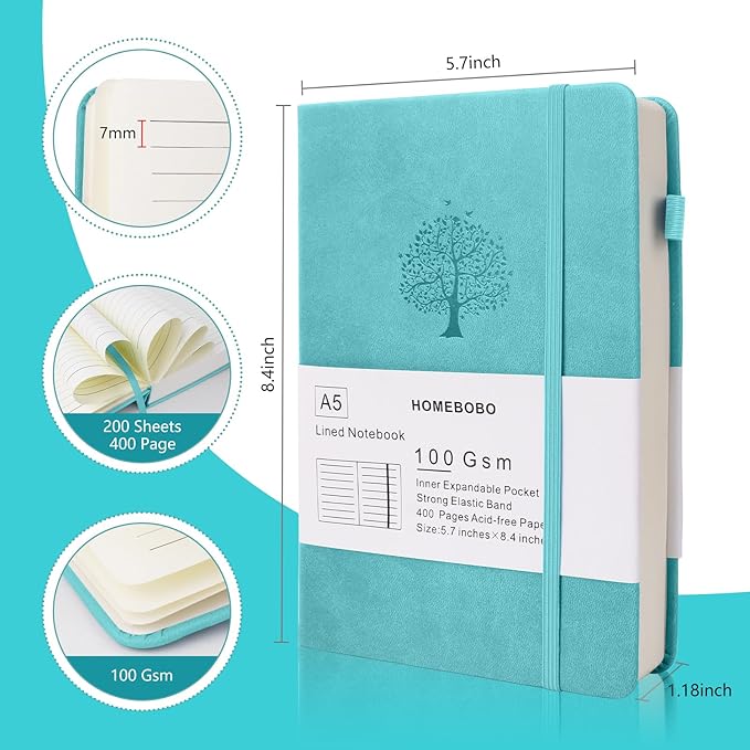 Journals for Writing, A5 Leather Ruled Notebook with 400 Pages, 100 Gms College Ruled Journal with Thick Paper, Hardcover with Inner Pocket & Pen Holder, Lake Green