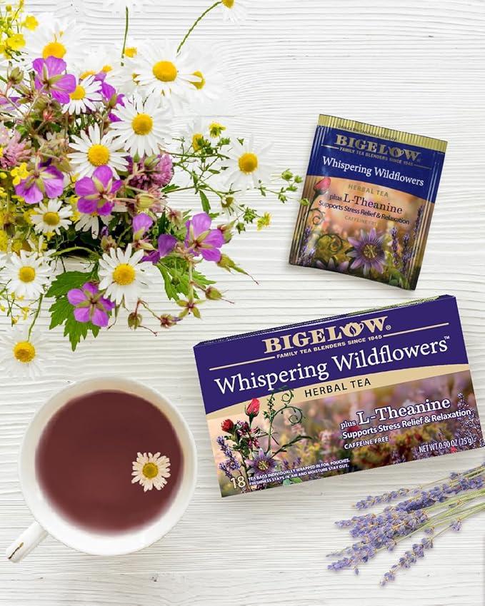 Bigelow Whispering Wildflowers Herbal Tea Plus L-Theanine, Supports Stress Relief & Relaxation, Caffeine-Free, Kosher, Gluten Free & Non-GMO, 18 Tea Bags, 0.9 Ounce (Pack of 6)