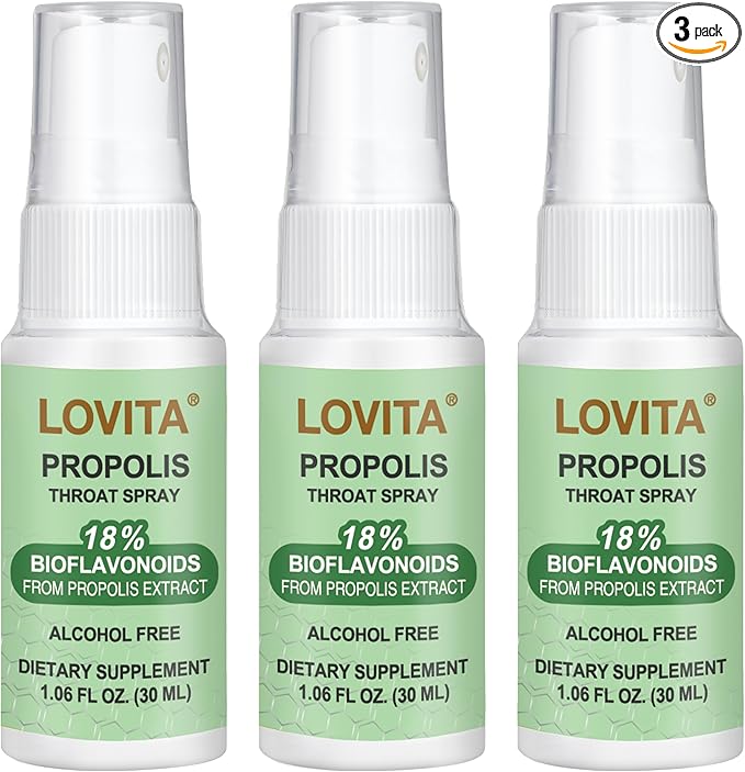 Lovita Bee Propolis Throat Spray, 18% Bioflavonoids, Alcohol-Free, Immune Support, Throat Soothing, Antioxidant, Gentle Taste, 1 Fl Oz (Pack of 3)