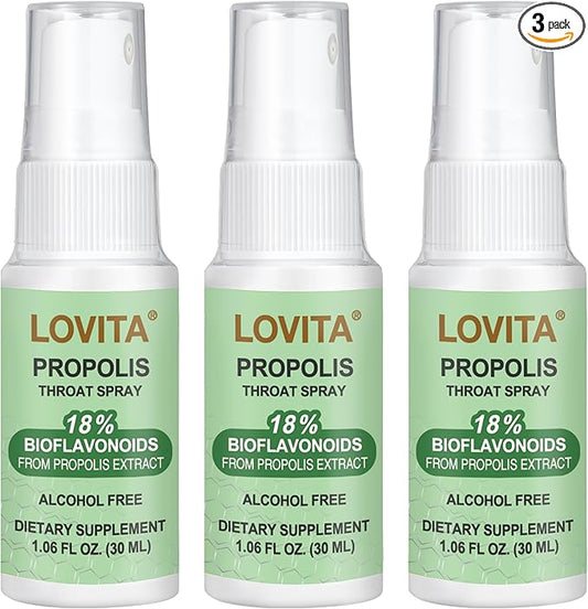 Lovita Bee Propolis Throat Spray, 18% Bioflavonoids, Alcohol-Free, Immune Support, Throat Soothing, Antioxidant, Gentle Taste, 1 Fl Oz (Pack of 3)