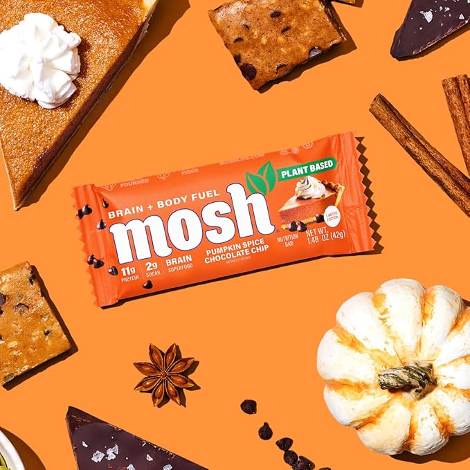 MOSH Pumpkin Spice Chocolate Chip Vegan Protein Bars, Plant Based, Keto, Gluten-Free, Brain Healthy Snack with Cognizin, Ashwagandha and Lion's Mane, 12 Count