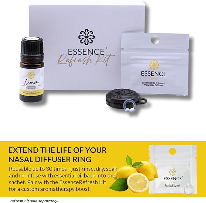Essence Wearable Aromatherapy Nasal Diffuser – Lemon Essential Oil Nose Ring Silicone Inhaler for Stress & Mood Support - Made in USA & Travel-Friendly