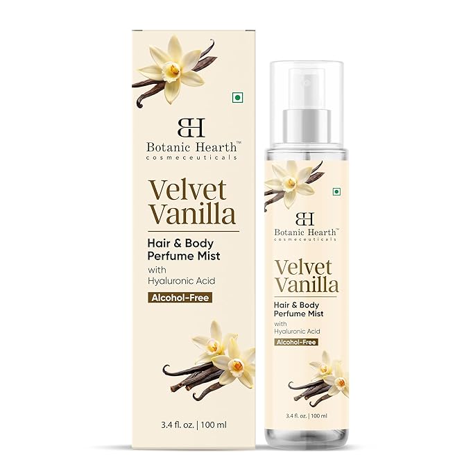 Botanic Hearth Velvet Vanilla Hair & Body Perfume Mist with Hyaluronic Acid, Alcohol-Free Formula, Long Lasting Fresh Vanilla Scent, Lightweight Body Spray for Women & Men, 3.4 fl oz / 100 ml