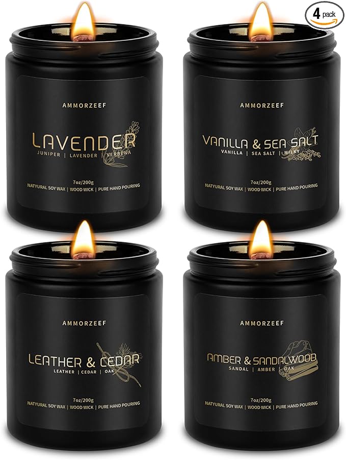 4 Pack Manly Scented Candles for Men Burn Time 200h Soy Candle Set for Home 7Oz Wood Wick Aromatherapy Candles for Relaxation Scented Leather Cedar/Lavender/Amber Sandalwood/Vanilla Candles