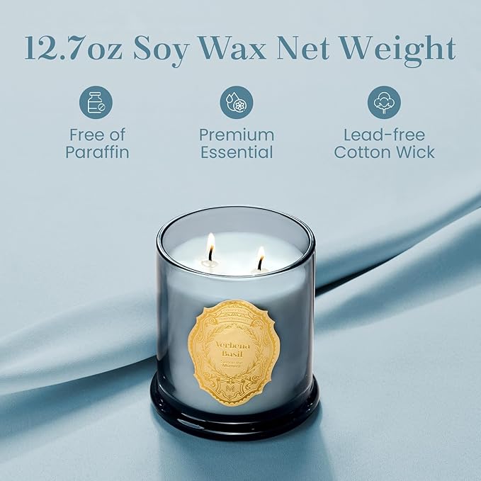 M&SENSE Verbena Basil Candles for Home Scented, 2 Wick 12.7oz Soy Wax Candles Non Toxic,70 Hours Long Burning,Luxury Candles Gift for Stress Relief, Meditation, Yoga