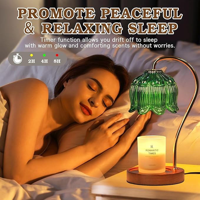 Green Candle Warmer Lamp with Timer, Christmas Gifts, Dimmable Flower Candle Lamp Warmer, Vintage Birthday Gifts for Women, Mom, Female Friend, Aromatic Candle Light for Yankee Candles