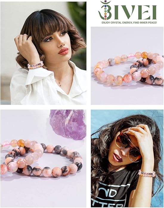 Bivei Natural Gemstone Semi Precious Healing Crystals Handmade Stretchy Round Beads Bracelet, Enhance Positive Energy