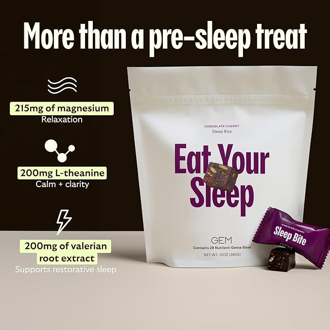 GEM Sleep Aid, Nighttime Bite, Melatonin Free, L-Theanine, Magnesium, Valerian Root Extract | Vegan and Gluten Free | Earthy Chocolate Cherry (28 Pack)