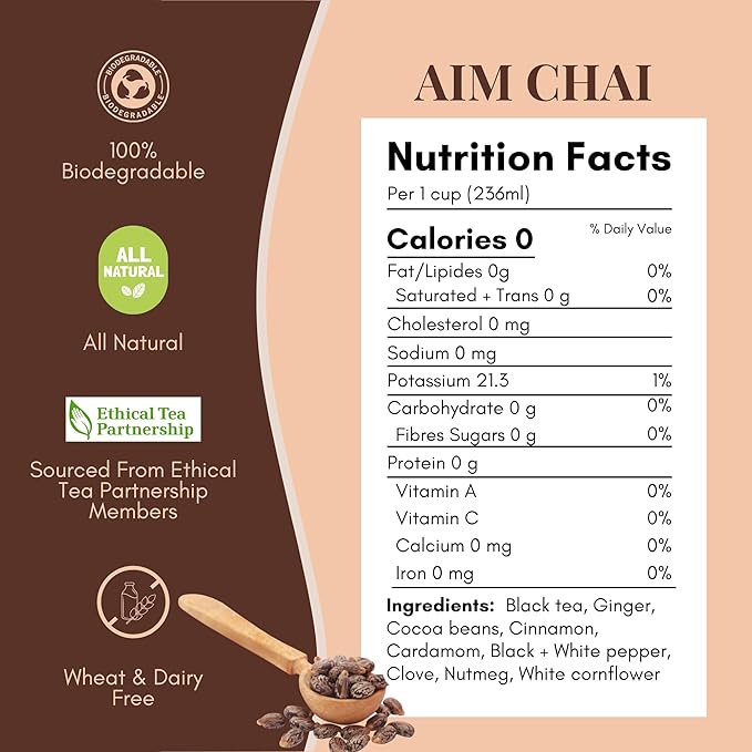 Tease Tea Loose Chai Tea - Aim Chai Organic Tea, Organic Spiced Chai, Caffeinated Herbal Tea Made with Black Tea, Ginger, Cocoa Beans and Nutmeg for an Energizing and Immunity Boosting Support