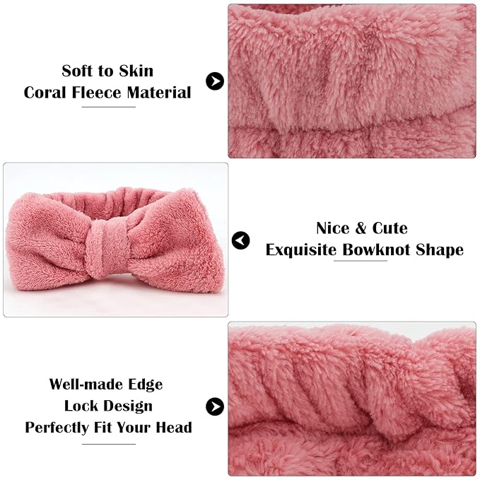 Ondder Spa Headband for Washing Face 8 Pack Dark Pink Skincare Headbands for Women Girls Terry Cloth Cute Bow Head Bands
