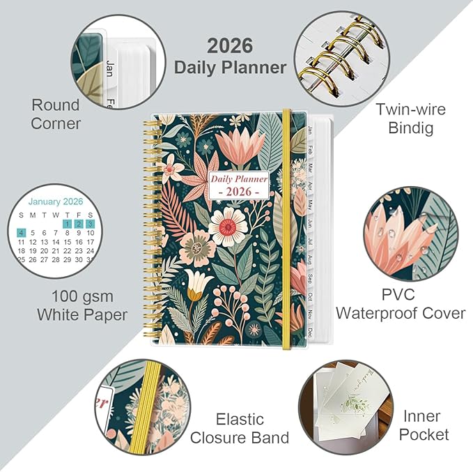 2026 Daily & Monthly Planner - One Page Per Day, Daily Planner 2026 from January 2026 to December 2026, Planner 2026 with 12 Monthly Tabs, 6.4" x 8.5", Flower-B