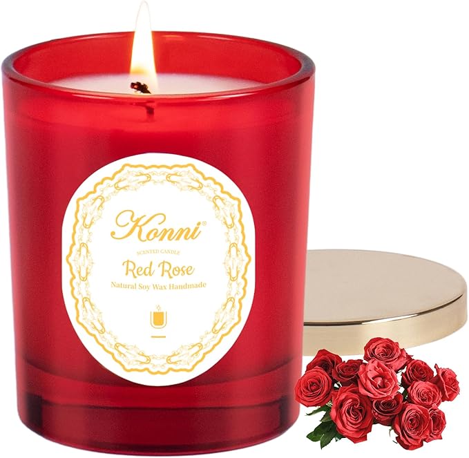 KONNI Scented Candles, Red Rose Soy Candle, Single-Wick Jar Candles Aromatherapy Candle with 40 Hours of Burn Time, Birthday, Valentine, Christmas, Anniversary Present 7 oz