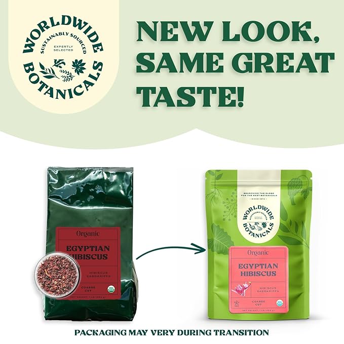 Worldwide Botanicals Organic Hibiscus Tea – 1 lb, Loose Leaf, Cut and Sifted – 100% Egyptian Hibiscus sabdariffa AKA Karkade, Roselle, Sorrel, Zobo, Flor de Jamaica, 1 Pound Bag