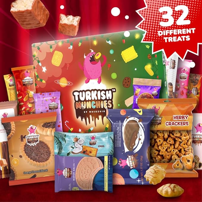 Mega International Snack Box | Premium Exotic Foreign Snacks | Unique Snack Food Gifts Included | Try Extraordinary Turkish Snacks | Candies from Around the World | 32 Full-Size Snacks