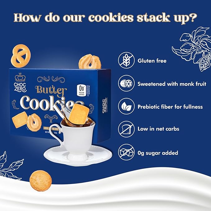 ChocZero Keto Butter Cookies - Sugar Free Danish Shortbread - Gluten Free, Low Carb - 8oz, (Pack of 1)