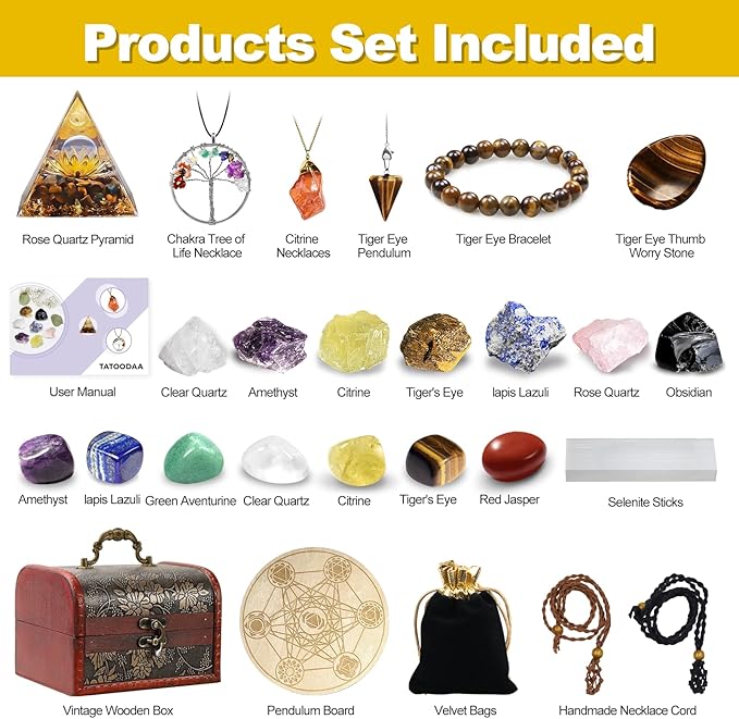 28 Pcs Healing Crystals and Stones,Chakra Crystal Set,7 Raw Chakra Crystals Stones Kit Pyramid Natural Selenite Reiki Real Crystal Stones with Wooden Box,Gifts for Crystal Beginners