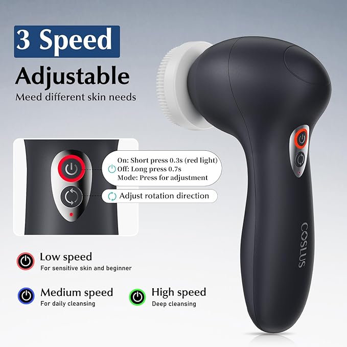 COSLUS Facial Cleansing Brush Face Scrubber: 3 in 1 Bi-Directional Electric Spin Brush for Removing Blackhead, Exfoliating, Massaging - Rechargeable Waterproof, 3 Adjustable Speeds for Men & Women