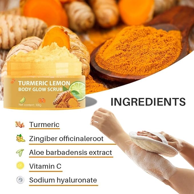 Turmeric Body Scrub Exfoliator with Loofah – Exfoliating Body Scrub for Face, Foot, Bikini Zone & Dead Skin Removal, Deep Cleansing Foot Scrub with Vitamin C for Smooth Skin, Acne Skin