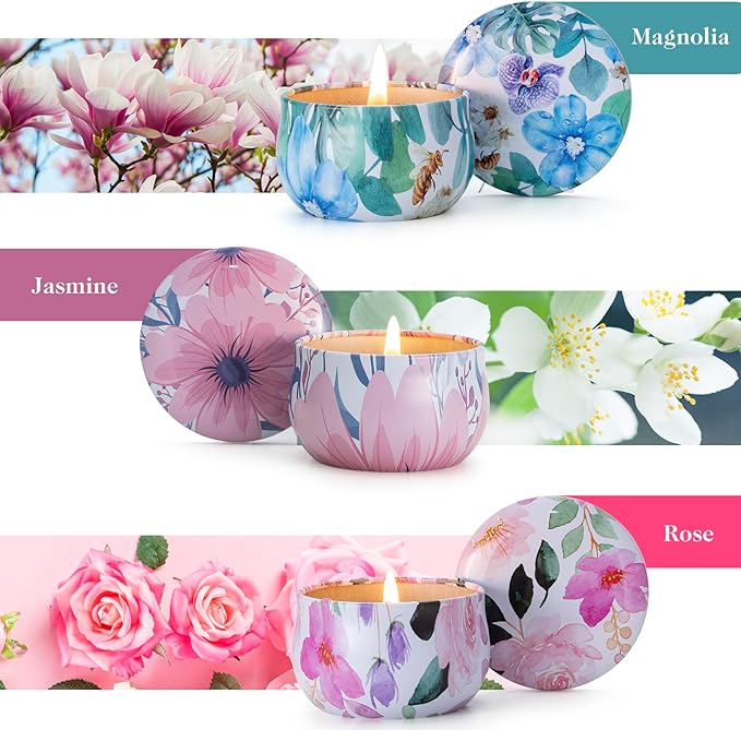 Hausware 3 Pack Scented Candles, 2.5 oz Aromatherapy Candles with Floral Scents,Soy Candles Set with 72H Burning Time,Ideal Gift for Women(Magnolia+Jasmine+Rose)