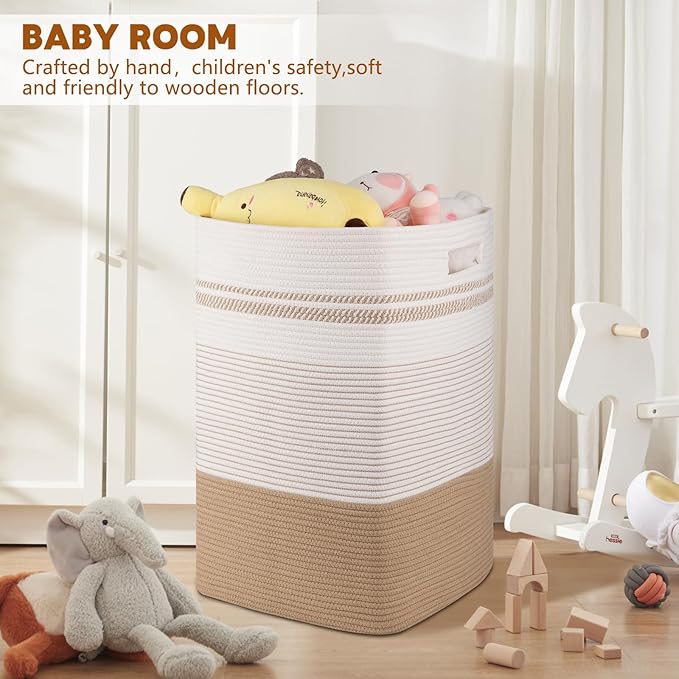 Laundry Hamper, Large Woven Rope Tall Laundry Basket with Handles, 24" X 16" X 16", Decorative Storage Basket for Clothes and Blankets in Living room, Bedroom, Jute & White