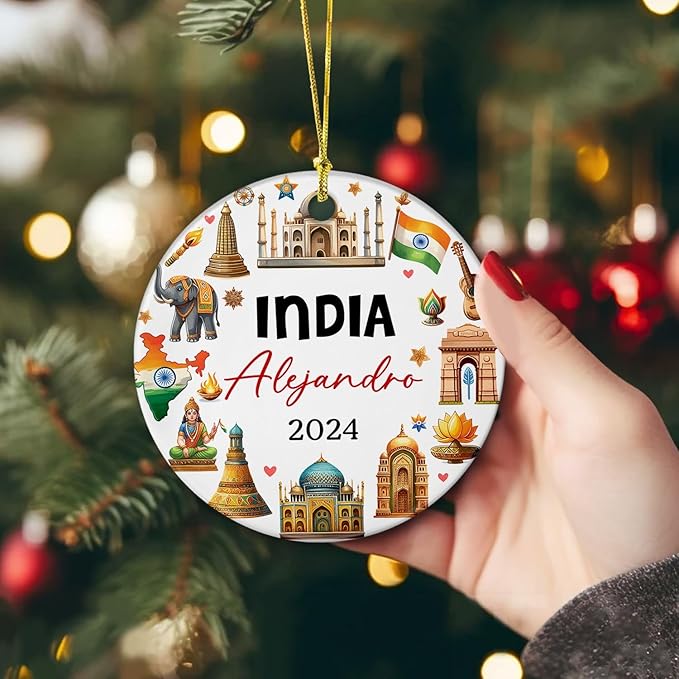 India Vacation Souvenir Christmas Ornament 2025 - Personalized Landmarks Ceramic Xmas Decor, Travel Country Tree Custom Name Taj Mahal Indian Heritage