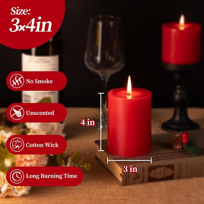 KONNI Red Pillar Candles Set of 3, 3"x 4" Unscented Pillar Candles Bulk, 39 Hours Long Burning Candles, Smokeless and Dripless Large Round Candle for Wedding, Home Decoration, Parties, Spas, Dinner