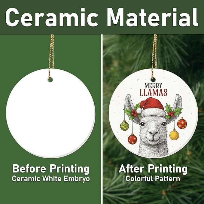34HD Merry Llamas Ceramic Christmas Ornament – Funny Double-Sided Holiday Llama Tree Decoration for Animal Lovers