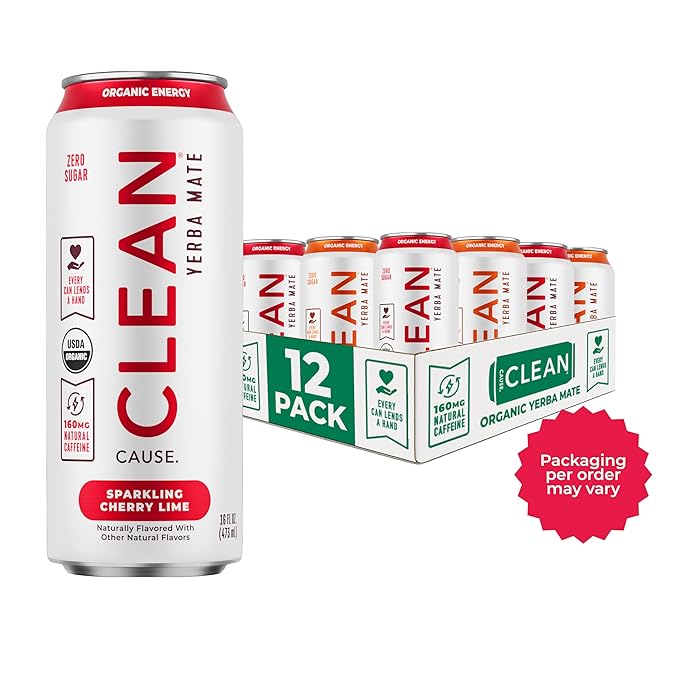 CLEAN Cause Zero Sugar Variety Pack Yerba Mate Tea Sparkling, USDA Organic Energy Drink Alternative, Zero Calorie, 160mg Natural Caffeine, Soda Alternative, Plant-Based (16oz cans, 12-Pack Case)
