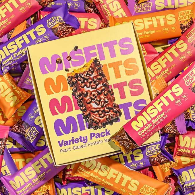 Misfits Protein Bars - High Protein Candy Bars | Gluten Free Plant Based, Low Sugar & Carb, High Fiber Snacks | Variety Pack of 12 (4 Flavors)