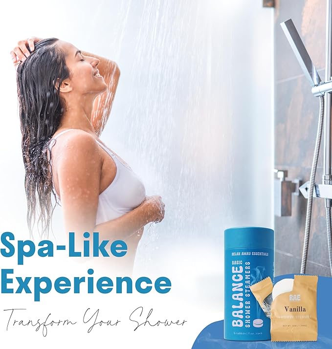 Relax Away Balance Shower Steamers 6 Pack - Aromatherapy Tablets - Essential Oils - Orange, Vanilla, Rose, Eucalyptus, Lavender, Mint - Spa-Like Shower Experience - Easy-Open Packaging