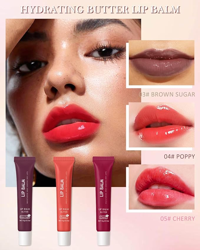 Butter Tinted Lip Balm-3 Colors Vanilla Beige Brown Poppy Pink Sugar Lip Gloss,Yummy Lip Stain Long Lasting, Hydrating Non-Stick Glow Reviver Lip Care Oil,Thanksgiving Makeup Gift for Women-Set B