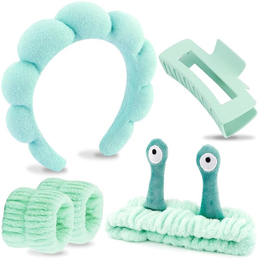 VELSCRUN Spa Headband, Makeup Face Wash Skincare Headbands, 5 Pcs Sponge Get Ready Snail Hairband Facial Wristband Hair Clip Set, Stuff for Teen Girls Women Trendy Hair Accessories Light Green