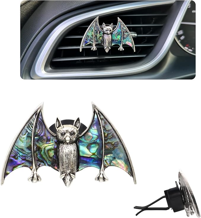 Bat Air Vent Clip Car Air Freshener Outlet Clips Natural Abalone Shell Seashell Color Vampire Bat Car Accessories Gothic Car Decor Refillable Car Diffuser Clips (Medium Bat)