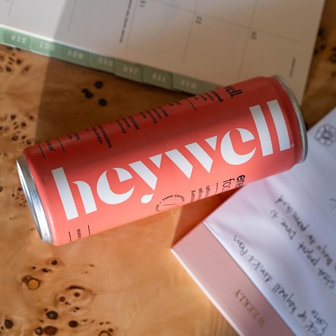 Heywell Sparkling Adaptogenic Water Energy and Focus, Strawberry Lemon Flavor 12 Fluid Ounce (Pack of 12) - Caffeinated, Organic, Non GMO, Vegan, Gluten Free, Dairy Free