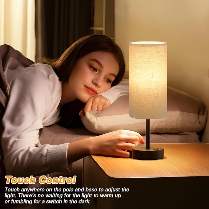 Beige Touch Lamp for Bedroom with USB - 3 Way Dimmable Table Lamp for Nightstand, Small Lamp with Black Charging Station for Desk Dorm, Office, Nursery