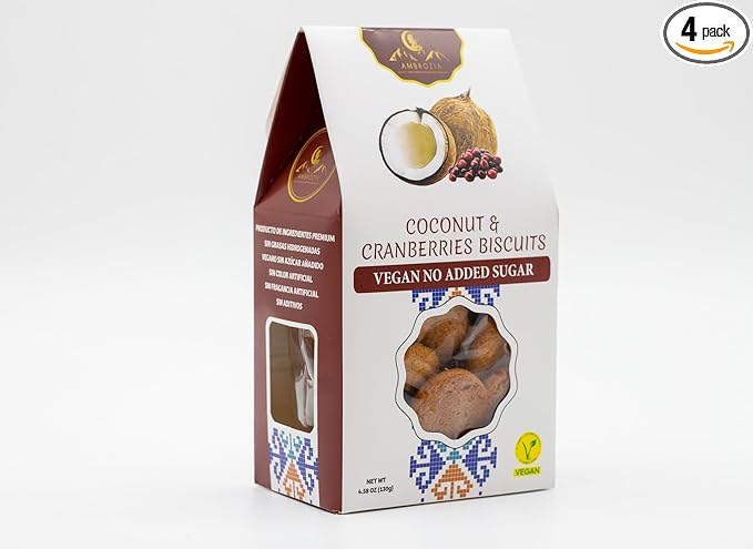 Ambrozia Vegan Snack Biscuits – Coconut & Cranberry - Soft Baked, No Added Sugar, Clean Label, High Fiber & Wholesome Ingredients, Kid-Friendly, Healthy Snacks for Active Lifestyles, 4 x 4.58 Oz