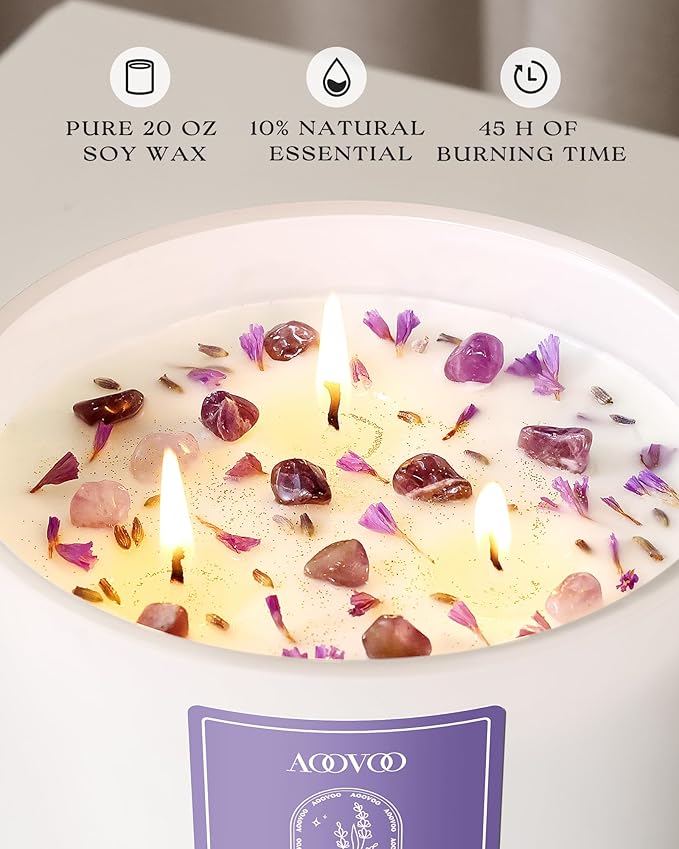 AOOVOO Lavender Scented Candles for Women - 20oz 3 Wick Soy Candles for Home Scented, Aromatherapy Candle with Crystals Inside, Birthday Gifts Mothers Day Candle for Women Mom