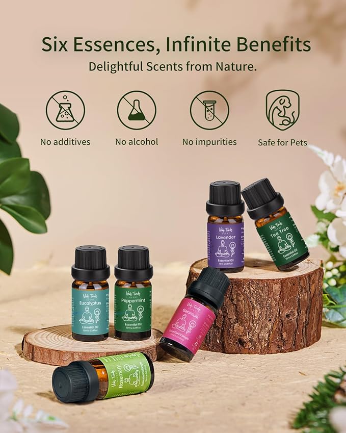 VTS Essential Oils Set (6 x 10ml) - Lavender, Peppermint, Eucalyptus, Tea Tree, Geranium, Rosemary, Aromatherapy Oils Gift Set for Home Diffusers, Skin & Hair Care, Soap & Candle Making, Humidifiers