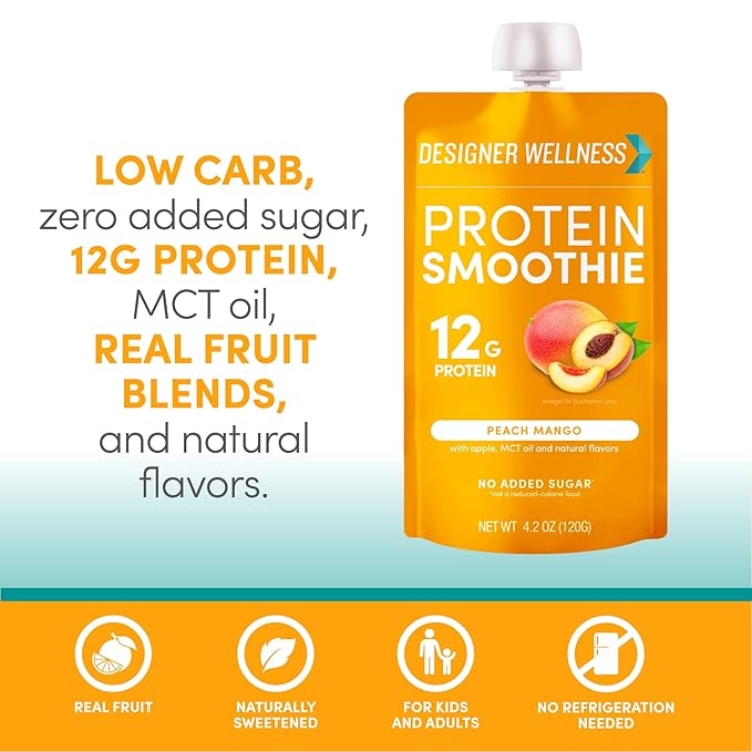Designer Wellness Protein Smoothie, Real Fruit, 12g Protein, Low Carb, Zero Added Sugar, Gluten-Free, Non-GMO, No Artificial Colors or Flavors, Peach Mango, 24 Count