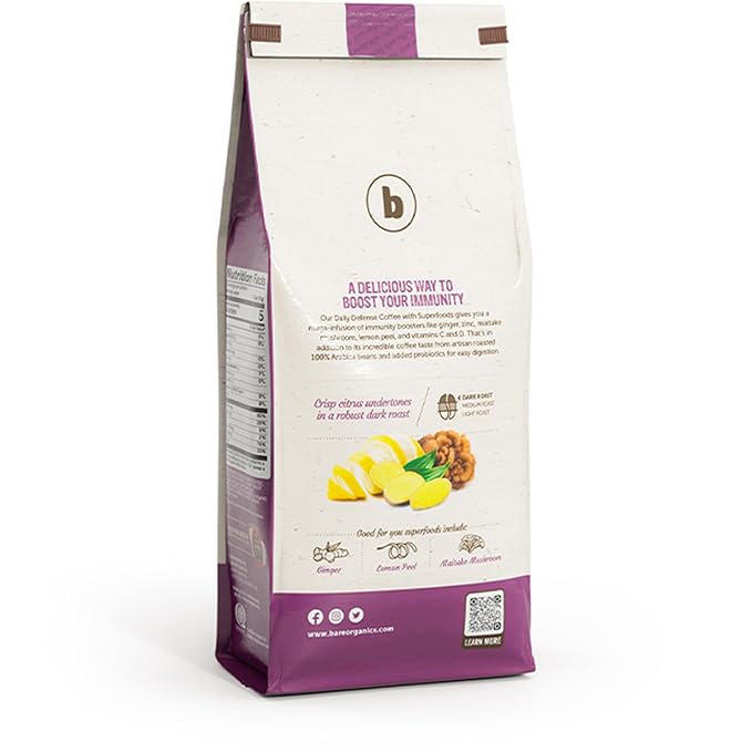 Daily Defense Organic Ground Bagged Coffee – Coffee with Maitake, Ginger Root, Lemon Peel & Superfoods – Healthy Mold Free Probiotic beverage, Vegan, Gluten Free