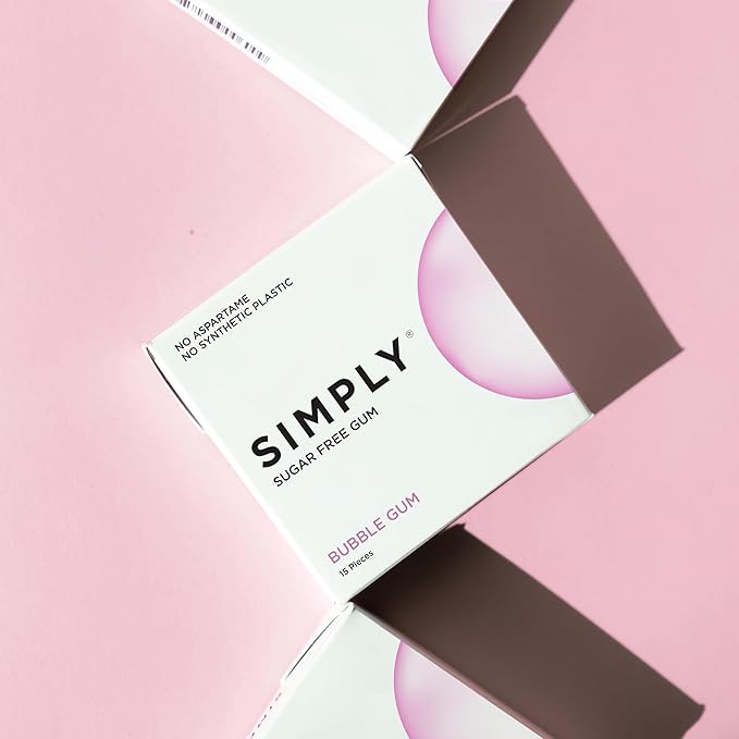 SIMPLY Gum | Dental Gum | Sugar Free Xylitol Chewing Gum | Bubblegum | Pack of Six (90 Pieces Total) | Synthetic Plastic Free + Sugar Free + Aspartame Free