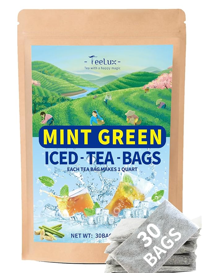 TeeLux Mint Iced Green Tea Bags, Green Tea with Peppermint, Spearmint, and Lemongrass, Family Size Refreshing Iced Tea, 30 Count
