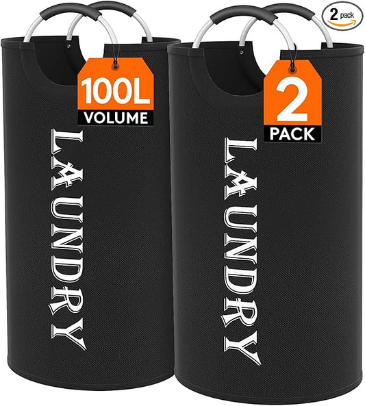 Lifewit 100L 2-Pack Large Laundry Basket, Collapsible Laundry Hamper with Aluminum Handles, Waterproof Freestanding Dirty Clothes Hampers for Laundry Room Bedroom Dorm Bathroom, Black