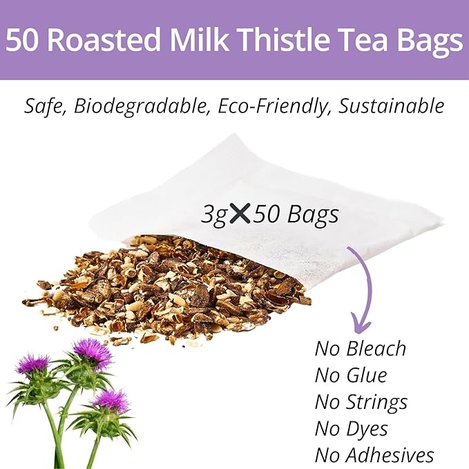 50 Milk Thistle Tea Bags, 3g/Bags, VitalForest Roasted Milk Thistle Seeds Herb Tea, Natural Dried Thistle Tea for Liver Detox Cleanse and Support, Caffeine Free, Non-GMO
