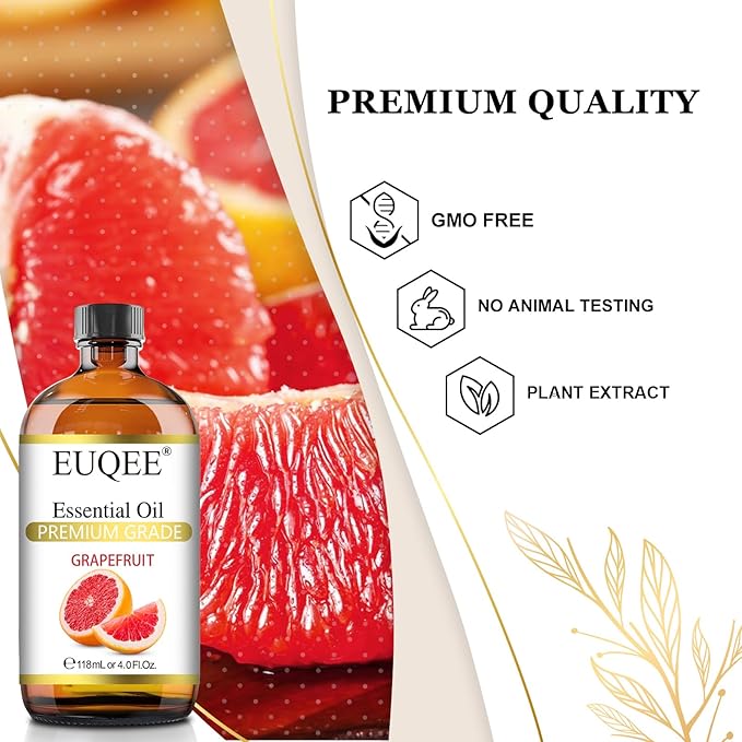 EUQEE Grapefruit Essential Oil 118mL Pure Grapefruit Oil, Large Capacity Essential Oil with Glass Dropper for Diffuser, Aromatheraphy, DIY Soap (4fl.oz)