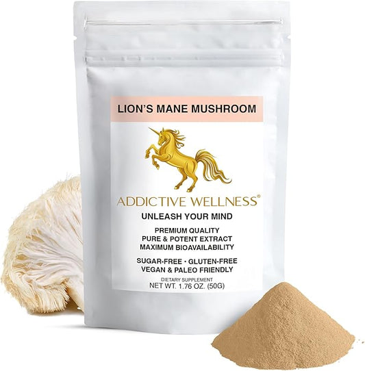 Addictive Wellness Lions Mane Supplement Powder, Premium Quality Lions Mane Mushroom Powder Dual-Extract Nootropic, Sugar Free, Vegan & Paleo Friendly Lion's Mane Mushroom Supplement - 1500 mg