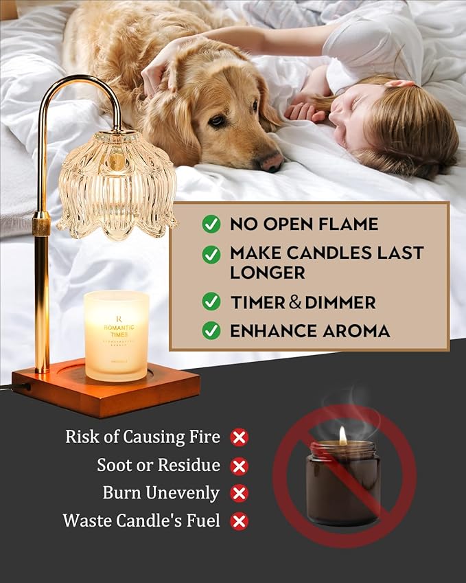 Candle Warmer Lamp with Timer Dimmable, Height Adjustable Birthday Gifts for Women Mom House Warming, Home Decor, Lotus Flower Candle Lamp Warmer 2 Bulbs Inc (Crystals)