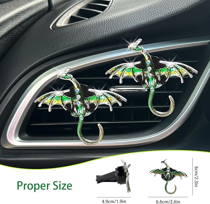 Dargon Air Vent Clips Car Air Freshener 2pcs Bling Green Dragon Car Accessories Enamel Fire Dragon Wyvern Vent Clips Refillable Car Essential Oil Outlet Diffuser Gothic Car Decor