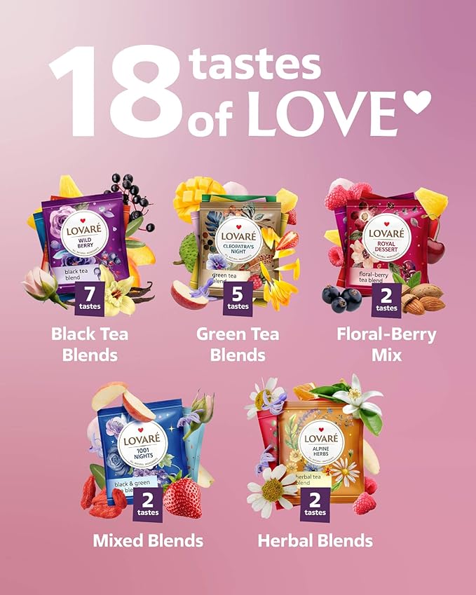 LOVARE Tea Bags Variety Pack - Made in Ukraine - Black and Green, Floral Berry, Mixed Blend, Herbal Blend Assorted Collection - Tea Sampler - Gift Sets for Tea Lovers (90 Bags - 18 Tastes)