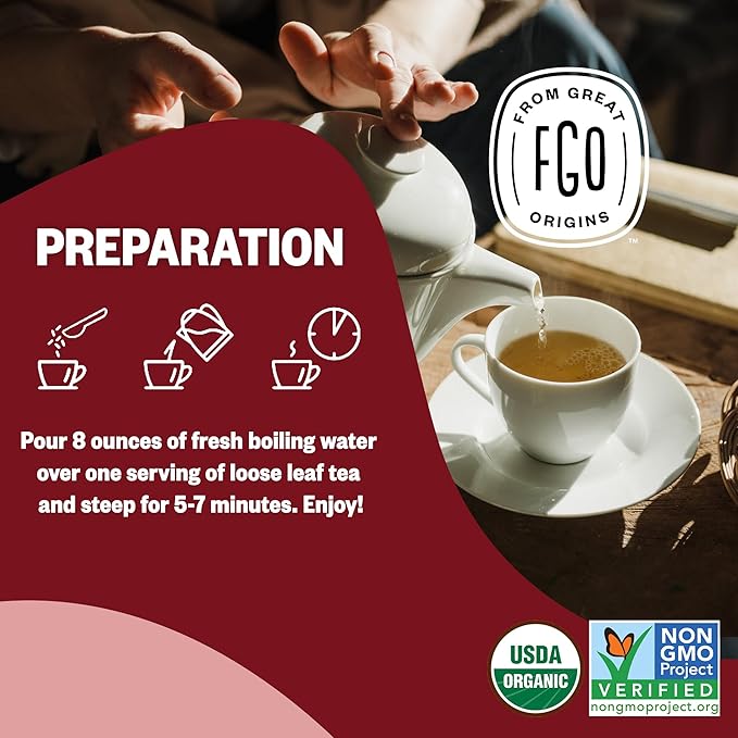 FGO Organic Red Raspberry Loose Leaf Herbal Tea, Cut and Sifted, Caffeine Free, 16oz Bulk Resealable Pouch, Packaging May Vary (Pack of 1)